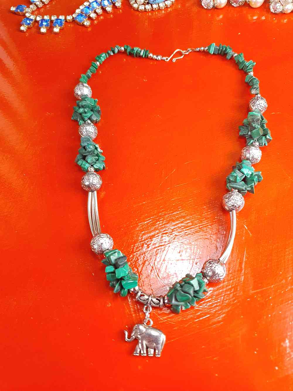 Vintage 1980s Malachite Boho Elephant Necklace Bohemian