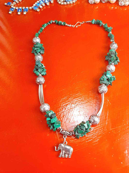 Vintage 1980s Malachite Boho Elephant Necklace Bohemian