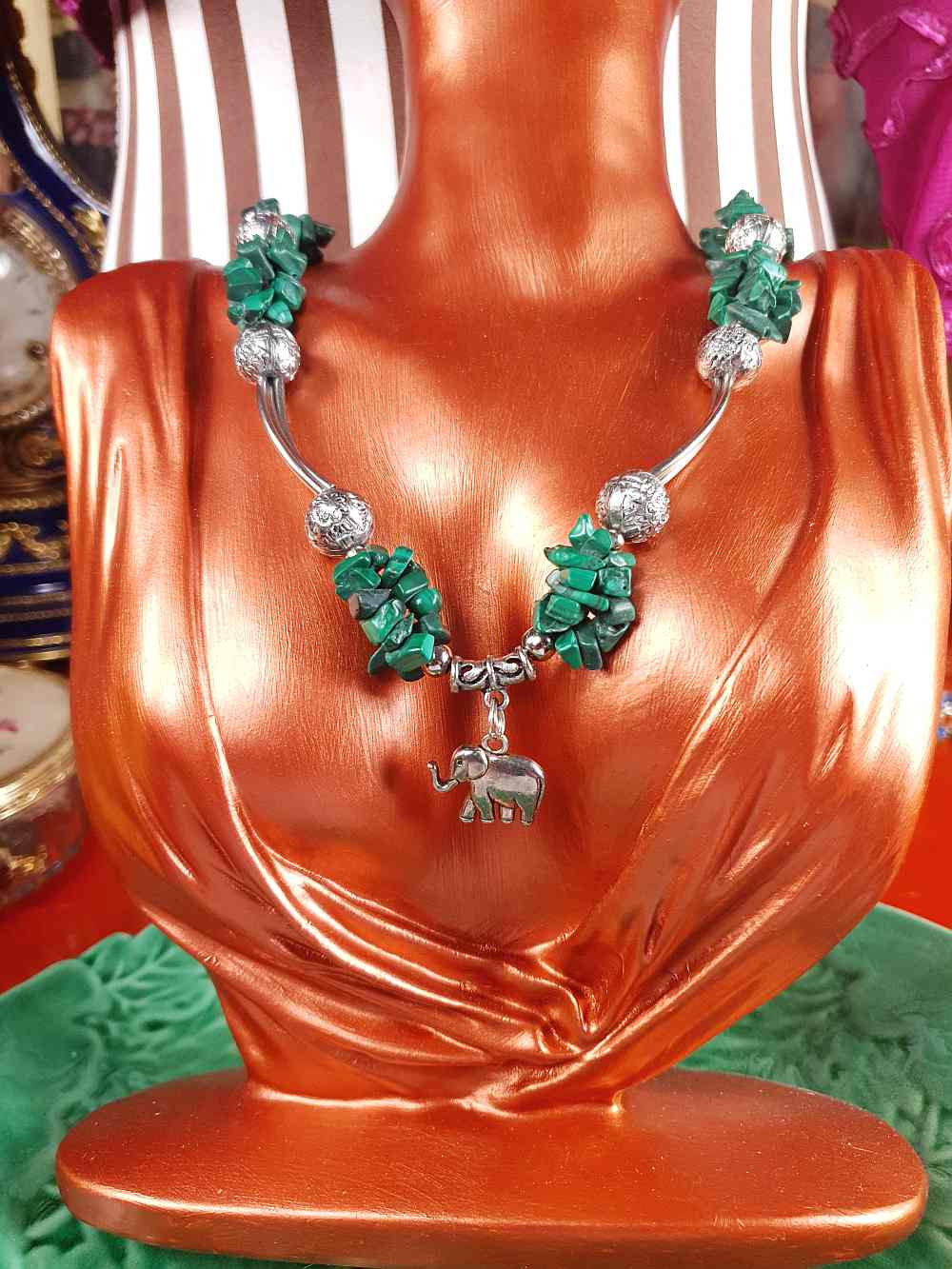 Vintage 1980s Malachite Boho Elephant Necklace Bohemian