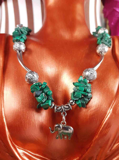 Vintage 1980s Malachite Boho Elephant Necklace Bohemian