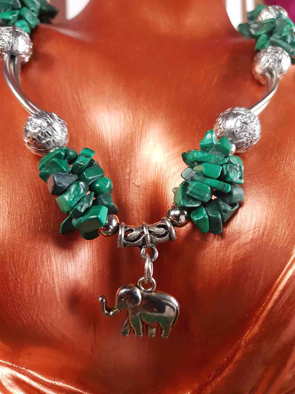 Vintage 1980s Malachite Boho Elephant Necklace Bohemian