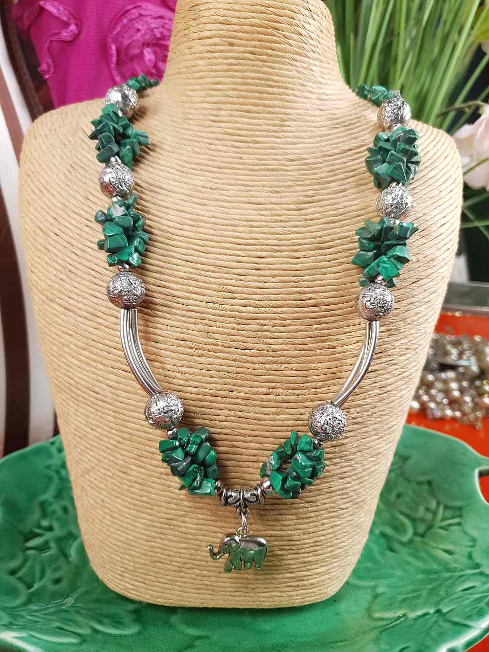 Vintage 1980s Malachite Boho Elephant Necklace Bohemian