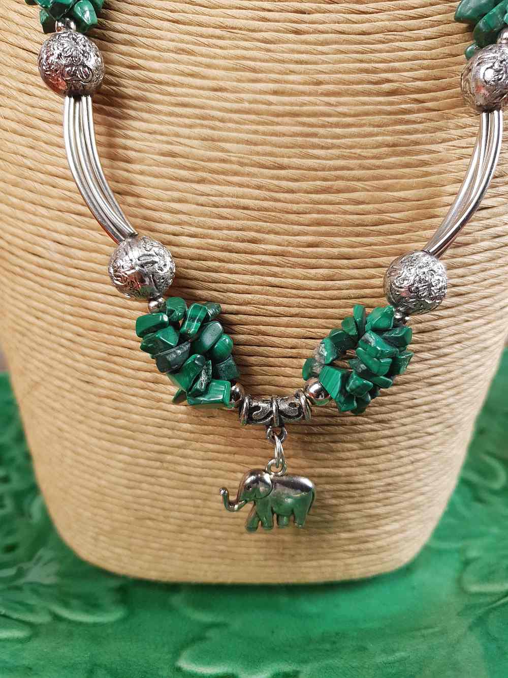 Vintage 1980s Malachite Boho Elephant Necklace Bohemian