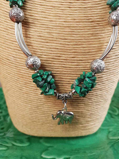 Vintage 1980s Malachite Boho Elephant Necklace Bohemian