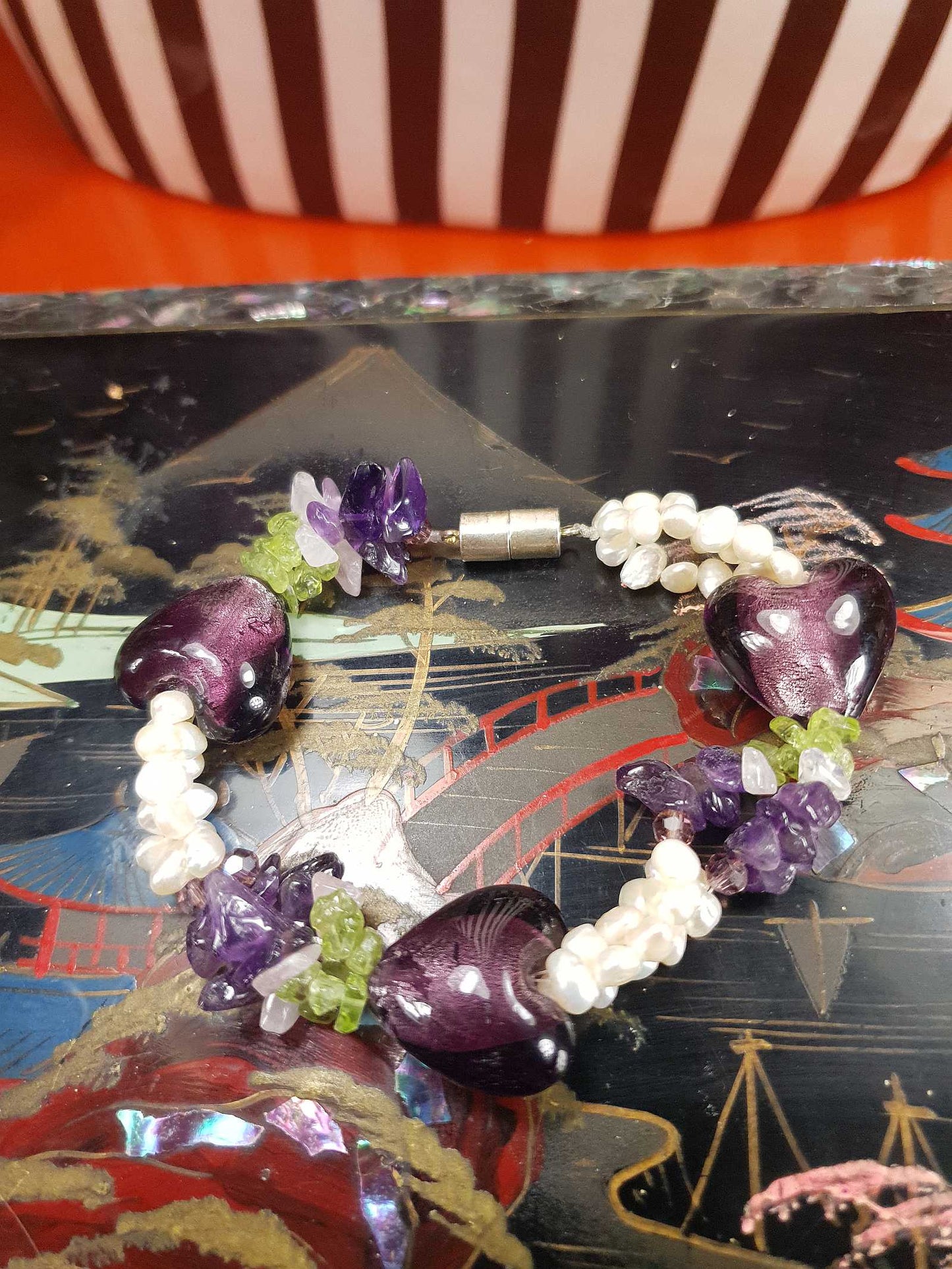 Vintage 1980s Pearl Peridot Amethyst Heart Bracelet