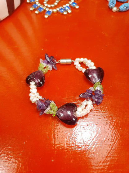 Vintage 1980s Pearl Peridot Amethyst Heart Bracelet