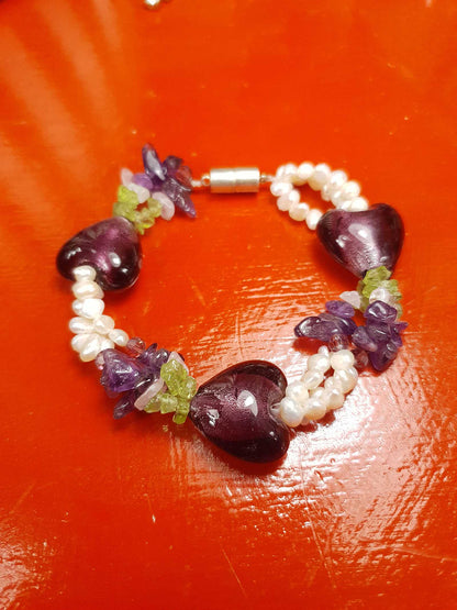 Vintage 1980s Pearl Peridot Amethyst Heart Bracelet