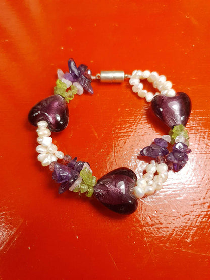 Vintage 1980s Pearl Peridot Amethyst Heart Bracelet
