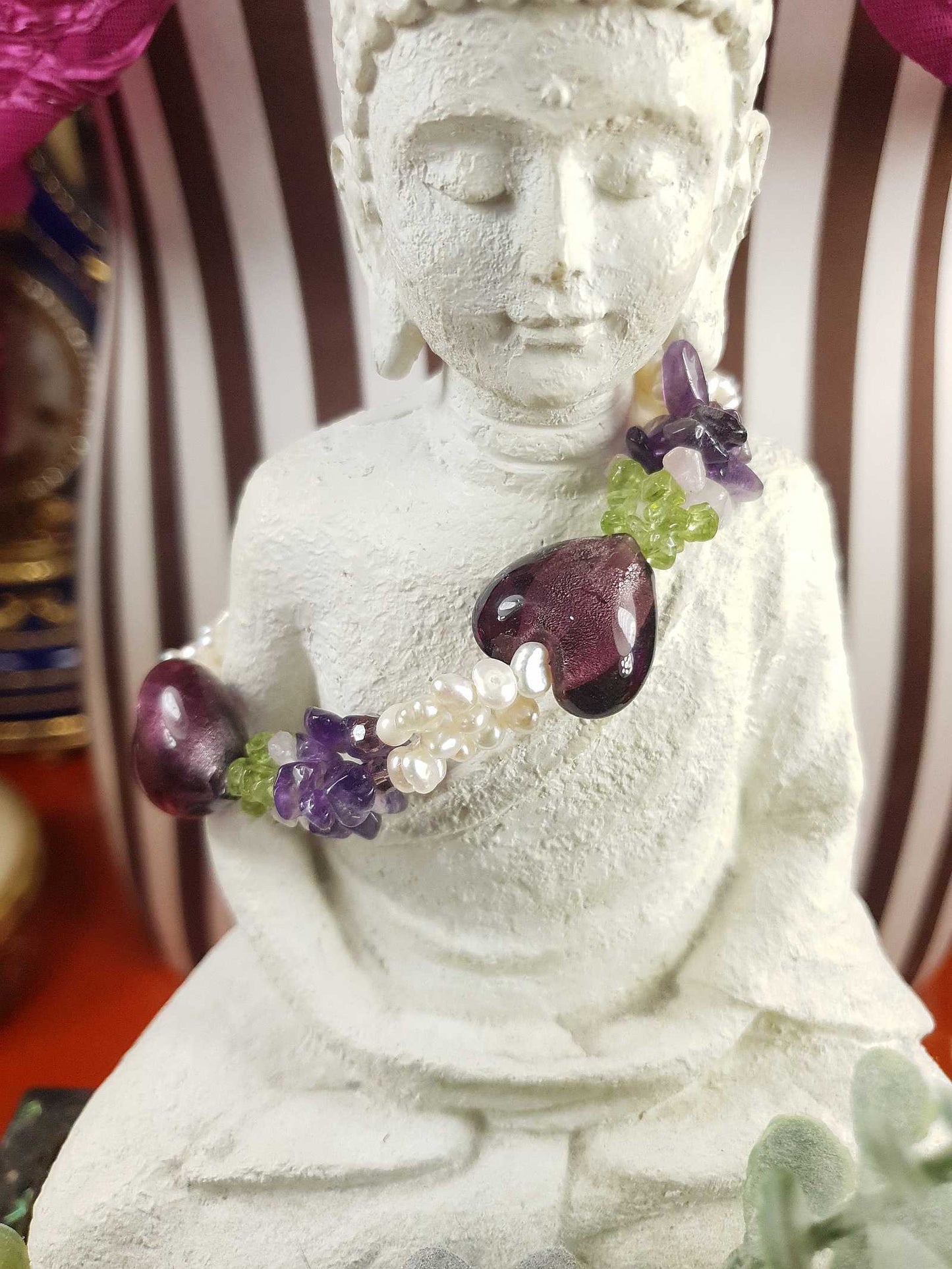 Vintage 1980s Pearl Peridot Amethyst Heart Bracelet