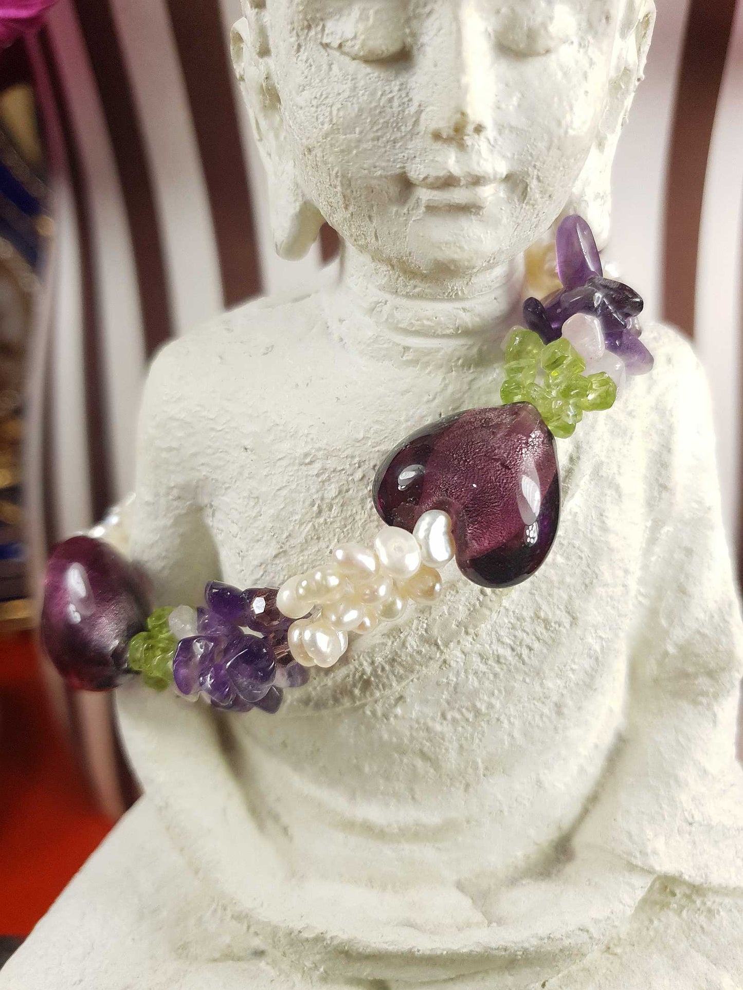 Vintage 1980s Pearl Peridot Amethyst Heart Bracelet