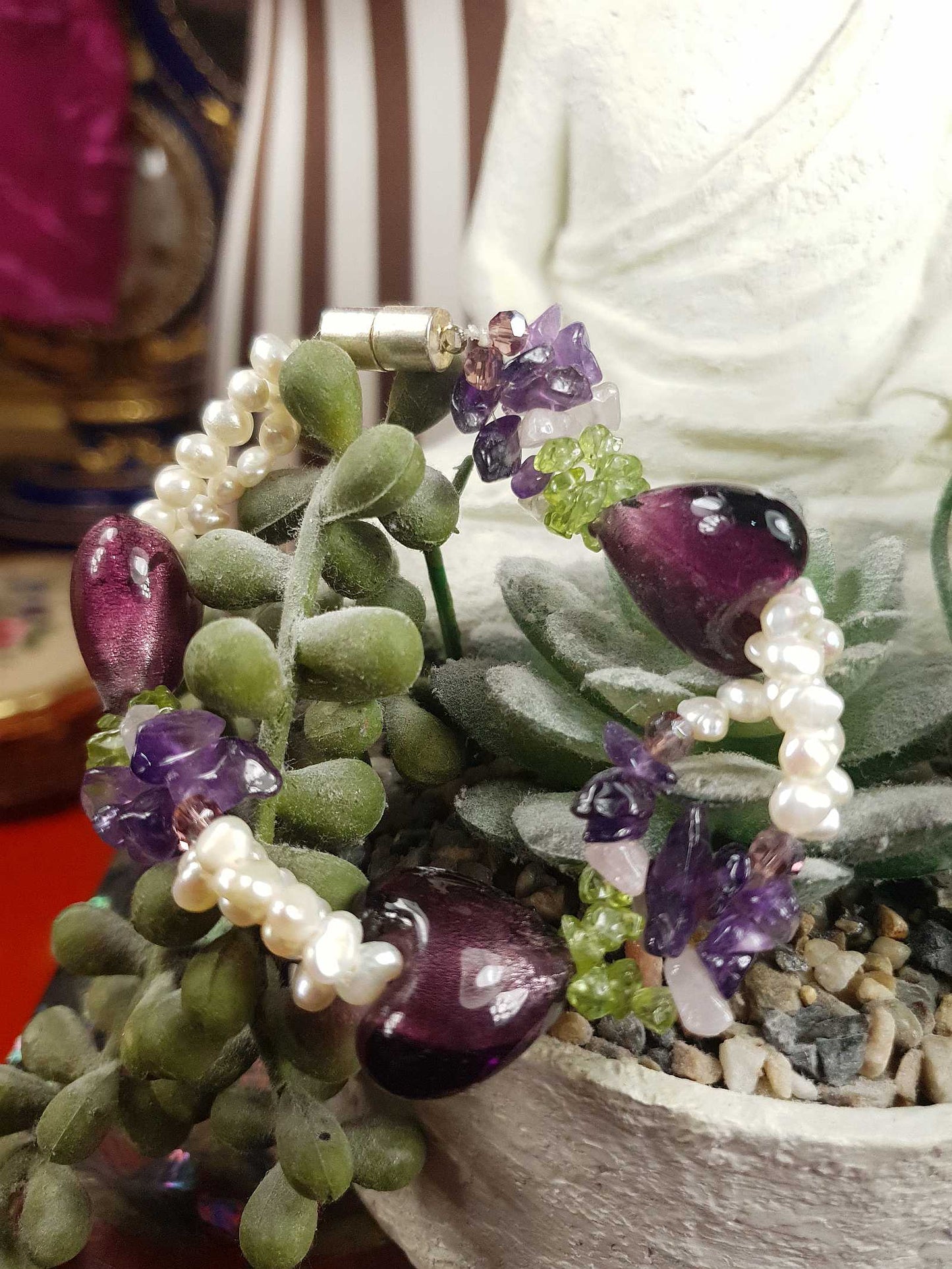 Vintage 1980s Pearl Peridot Amethyst Heart Bracelet