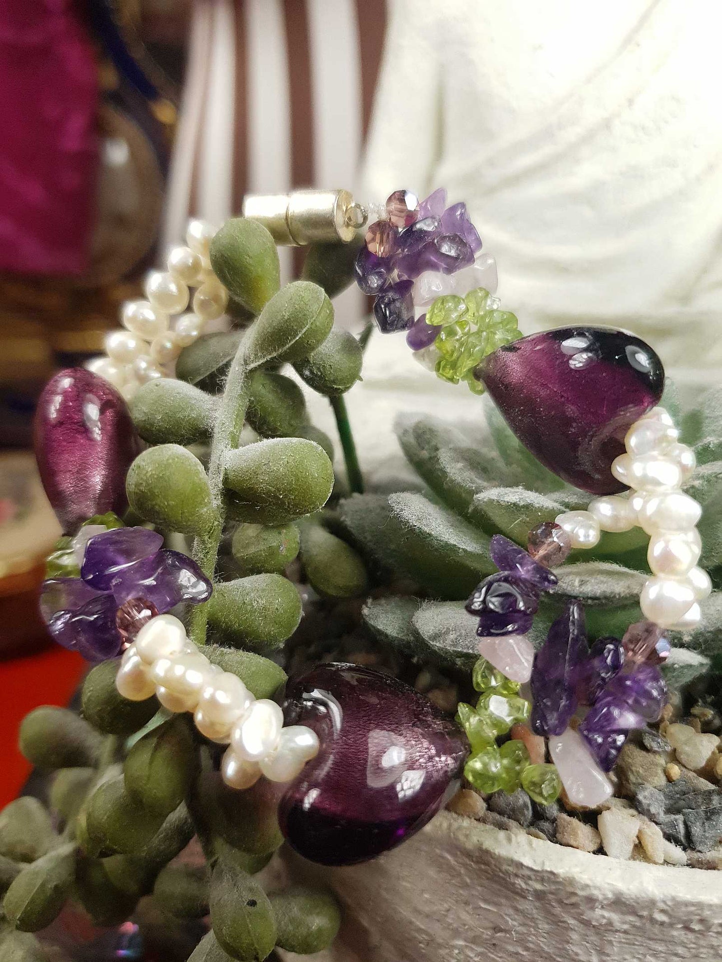 Vintage 1980s Pearl Peridot Amethyst Heart Bracelet