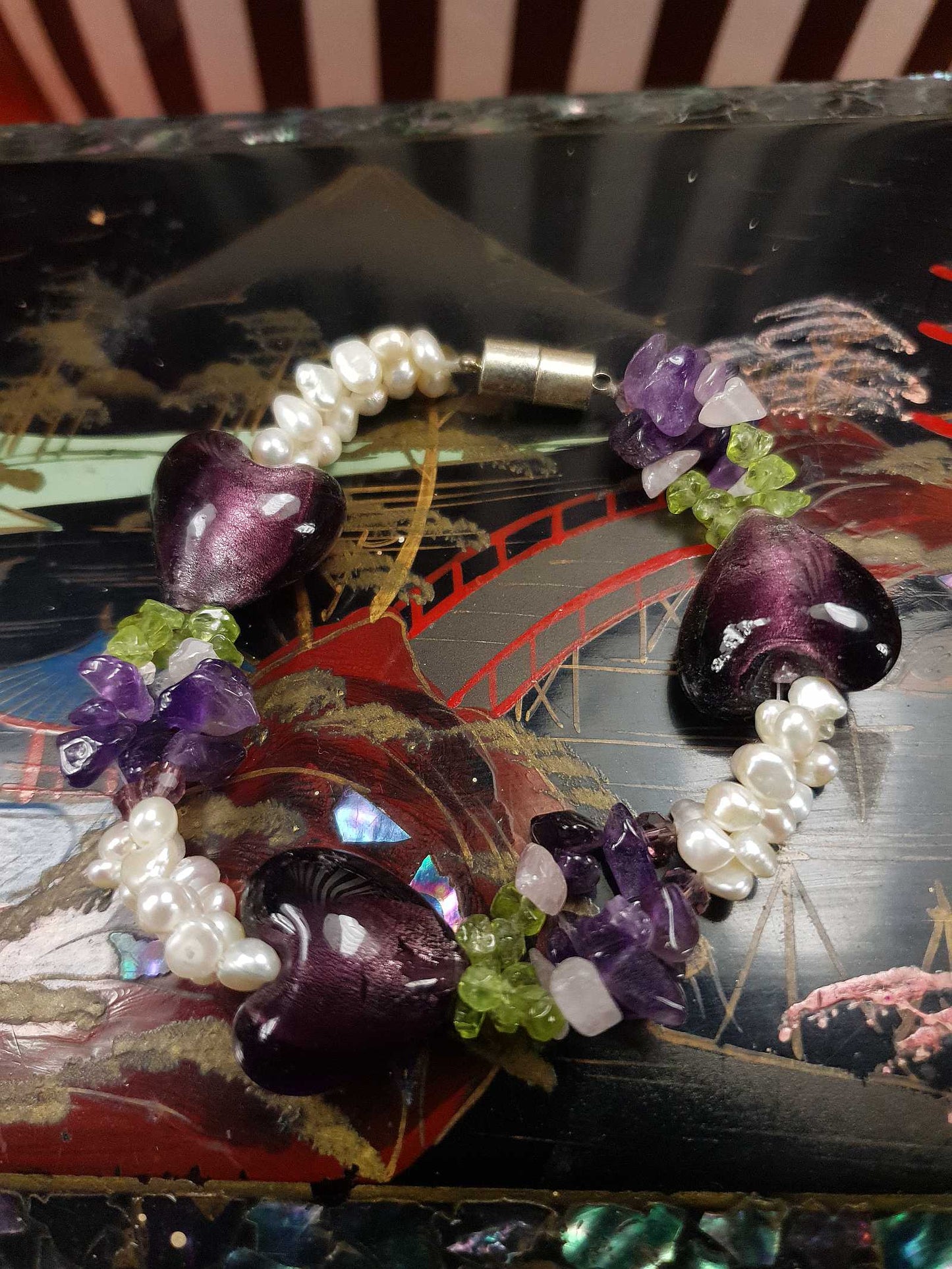 Vintage 1980s Pearl Peridot Amethyst Heart Bracelet