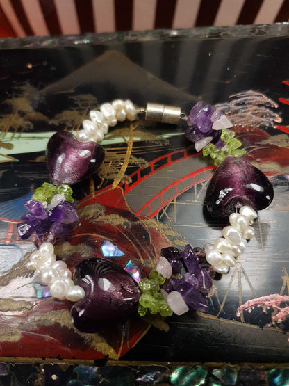 Vintage 1980s Pearl Peridot Amethyst Heart Bracelet