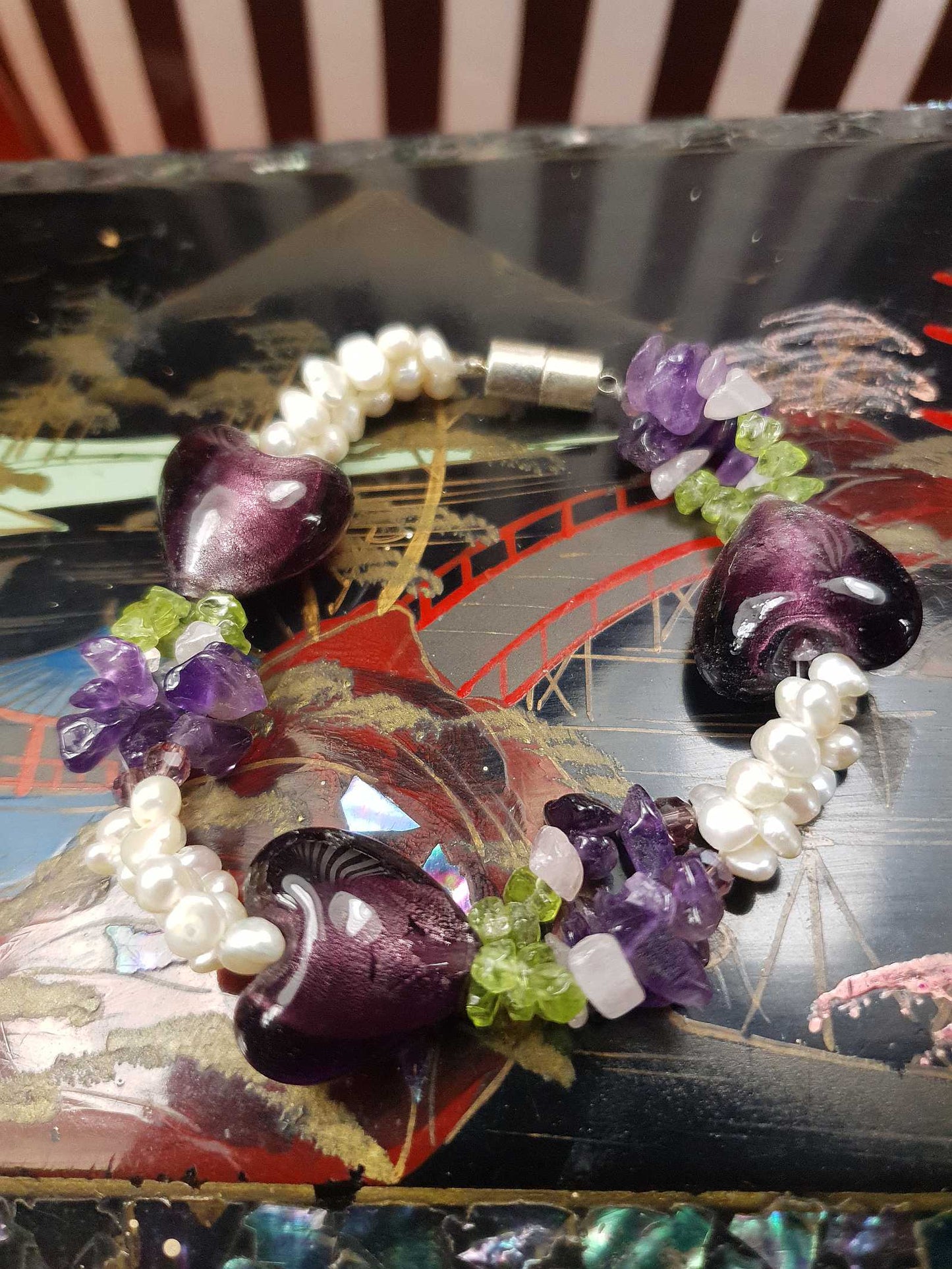 Vintage 1980s Pearl Peridot Amethyst Heart Bracelet