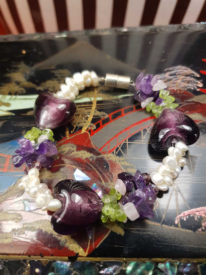 Vintage 1980s Pearl Peridot Amethyst Heart Bracelet
