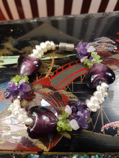Vintage 1980s Pearl Peridot Amethyst Heart Bracelet