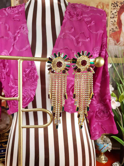 Vintage 1980s Red Green Rhinestone Dangle Earrings Art Deco Style