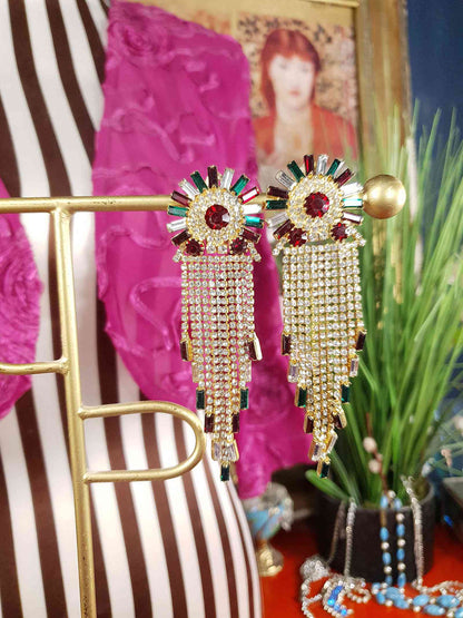 Vintage 1980s Red Green Rhinestone Dangle Earrings Art Deco Style