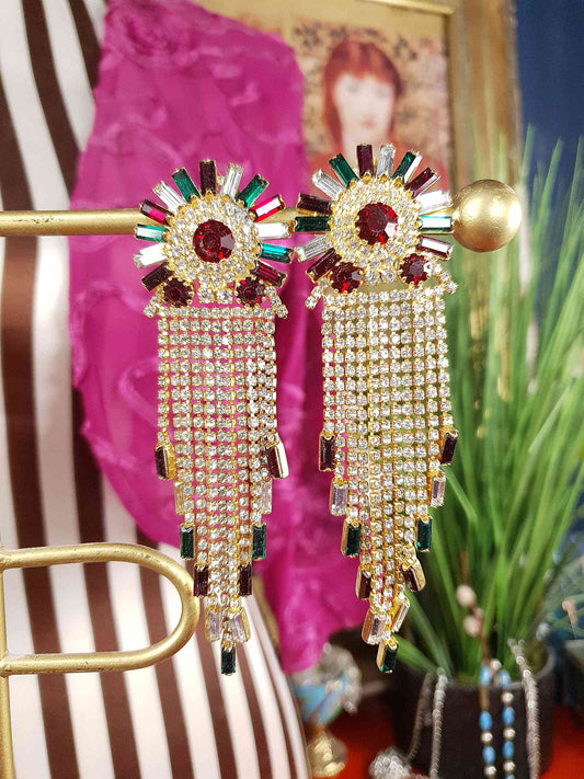 Vintage 1980s Red Green Rhinestone Dangle Earrings Art Deco Style