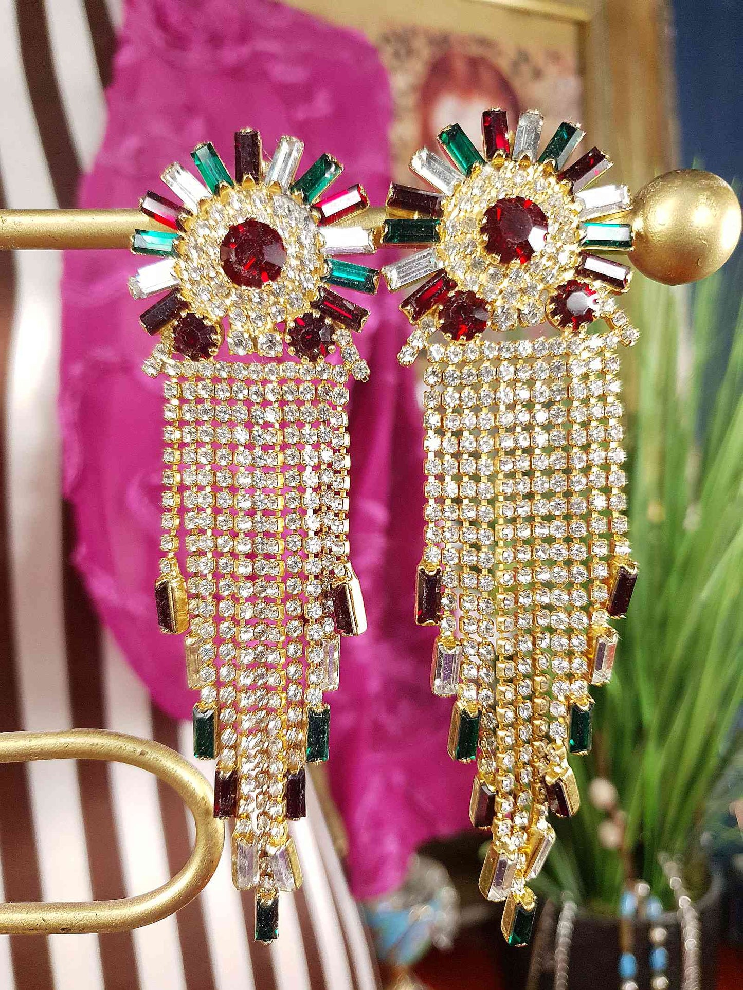 Vintage 1980s Red Green Rhinestone Dangle Earrings Art Deco Style