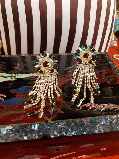 Vintage 1980s Red Green Rhinestone Dangle Earrings Art Deco Style