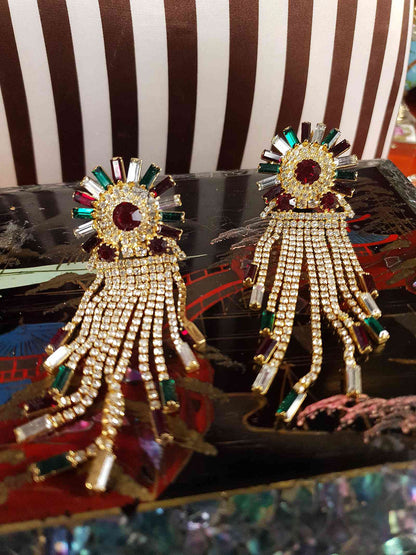 Vintage 1980s Red Green Rhinestone Dangle Earrings Art Deco Style