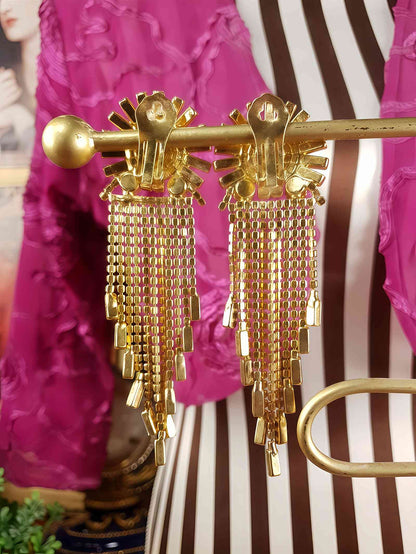 Vintage 1980s Red Green Rhinestone Dangle Earrings Art Deco Style