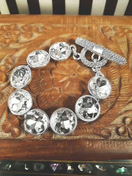 Vintage 1980s Statement Crystal Rhinestone Bracelet Toggle Silver-Tone