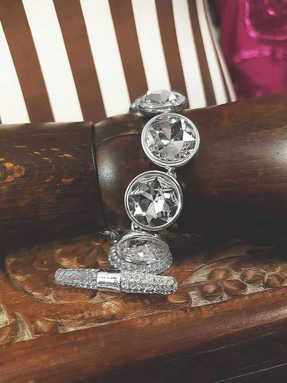 Vintage 1980s Statement Crystal Rhinestone Bracelet Toggle Silver-Tone