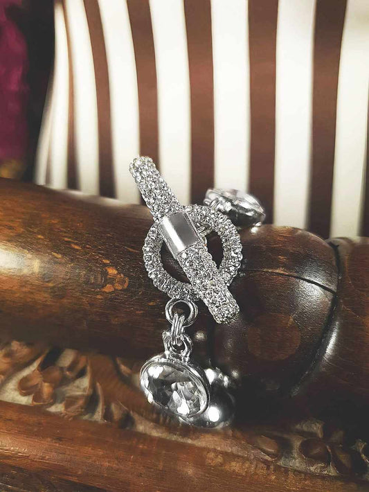 Vintage 1980s Statement Crystal Rhinestone Bracelet Toggle Silver-Tone