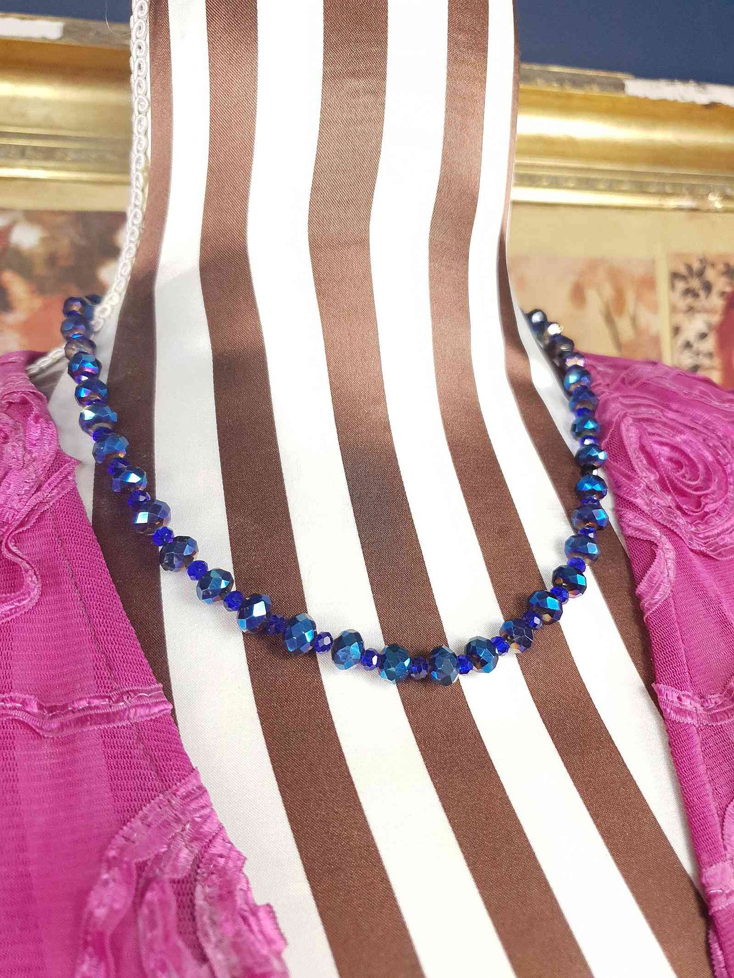 Vintage 90s Blue Aurora Borealis Glass Bead Necklace AB