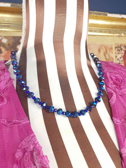 Vintage 90s Blue Aurora Borealis Glass Bead Necklace AB