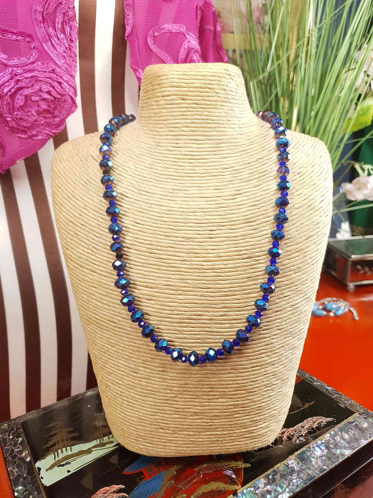 Vintage 90s Blue Aurora Borealis Glass Bead Necklace AB