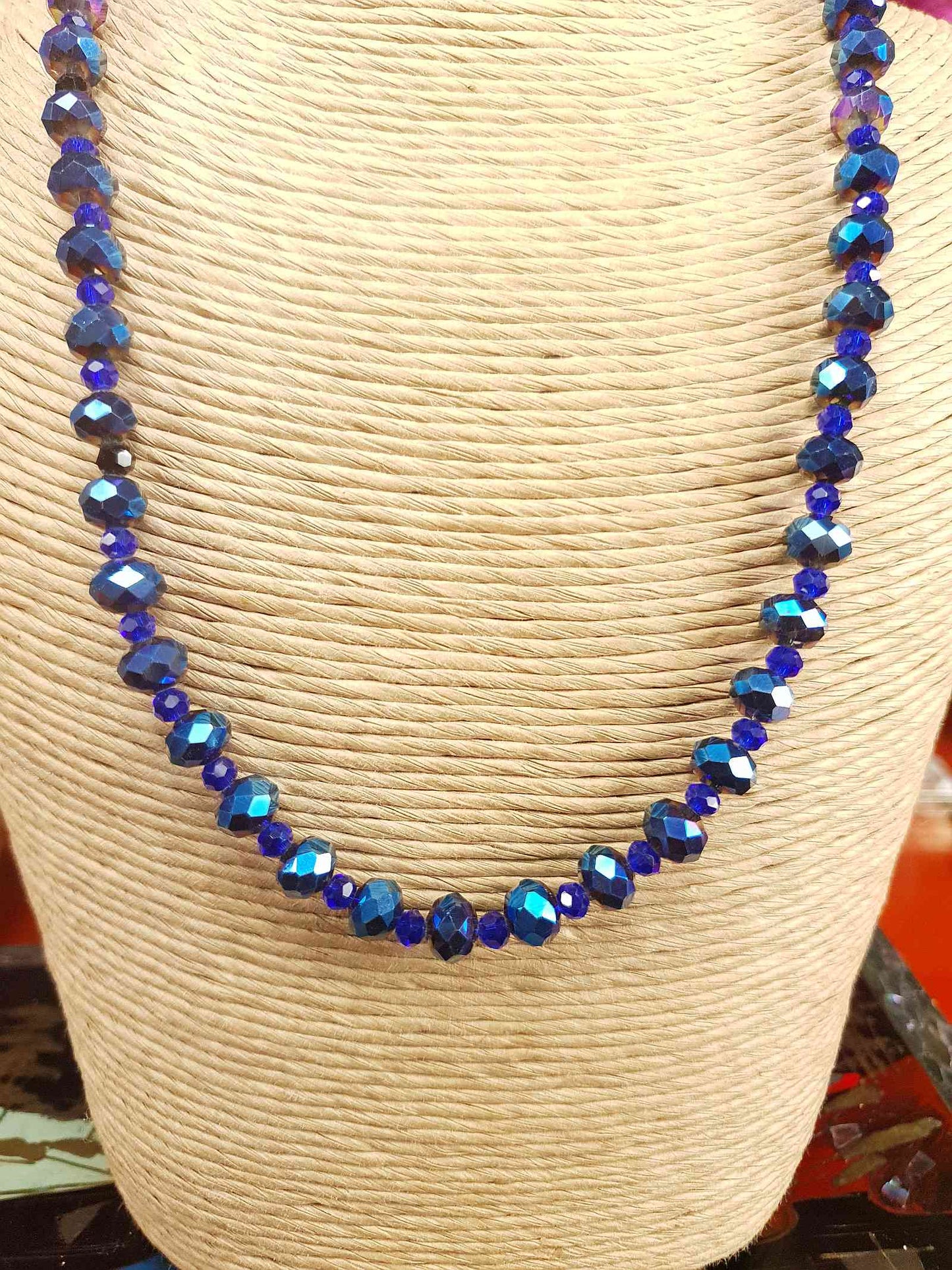 Vintage 90s Blue Aurora Borealis Glass Bead Necklace AB