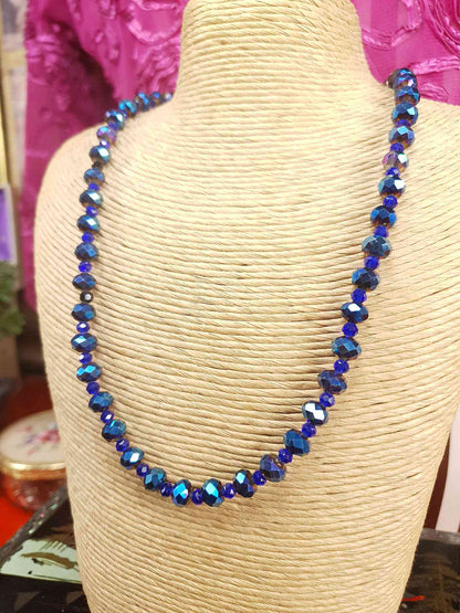 Vintage 90s Blue Aurora Borealis Glass Bead Necklace AB