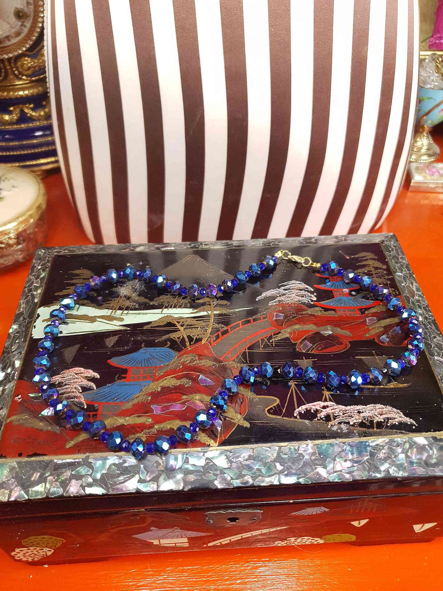 Vintage 90s Blue Aurora Borealis Glass Bead Necklace AB