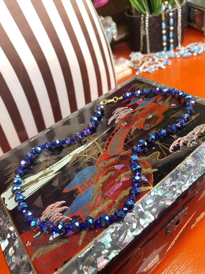 Vintage 90s Blue Aurora Borealis Glass Bead Necklace AB