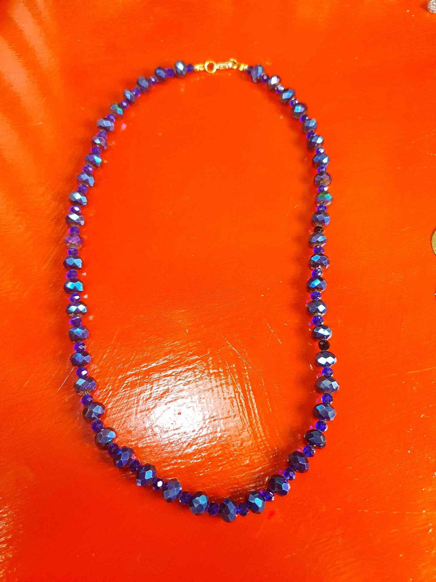 Vintage 90s Blue Aurora Borealis Glass Bead Necklace AB