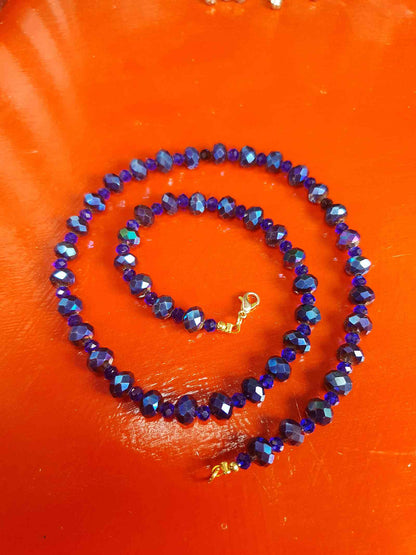 Vintage 90s Blue Aurora Borealis Glass Bead Necklace AB