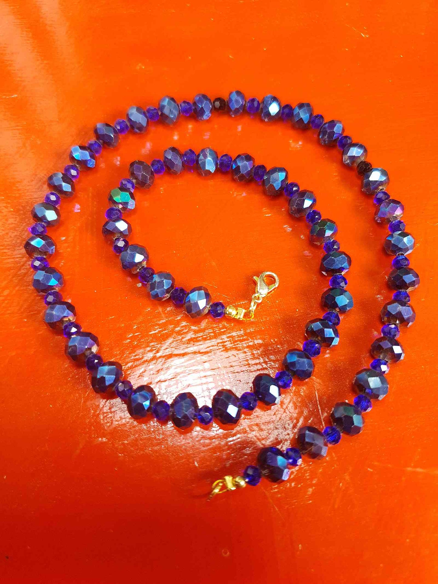 Vintage 90s Blue Aurora Borealis Glass Bead Necklace AB