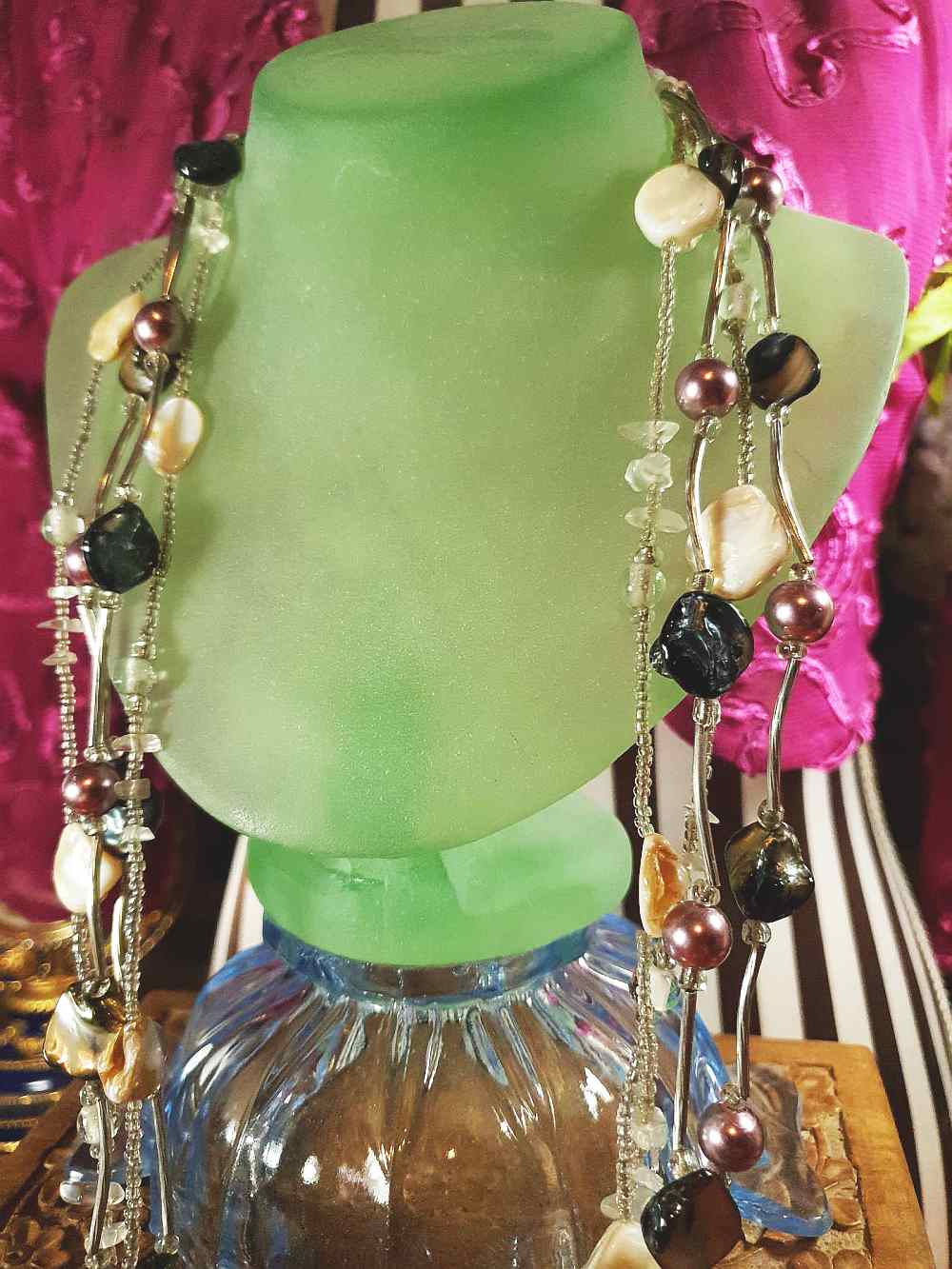 Vintage 90s Mother of Pearl Long Necklace Multi Tier Boho