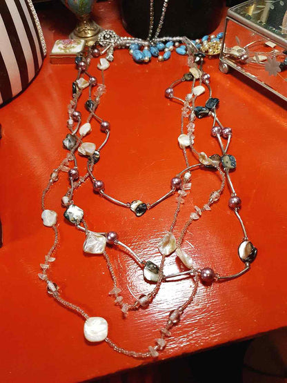 Vintage 90s Mother of Pearl Long Necklace Multi Tier Boho