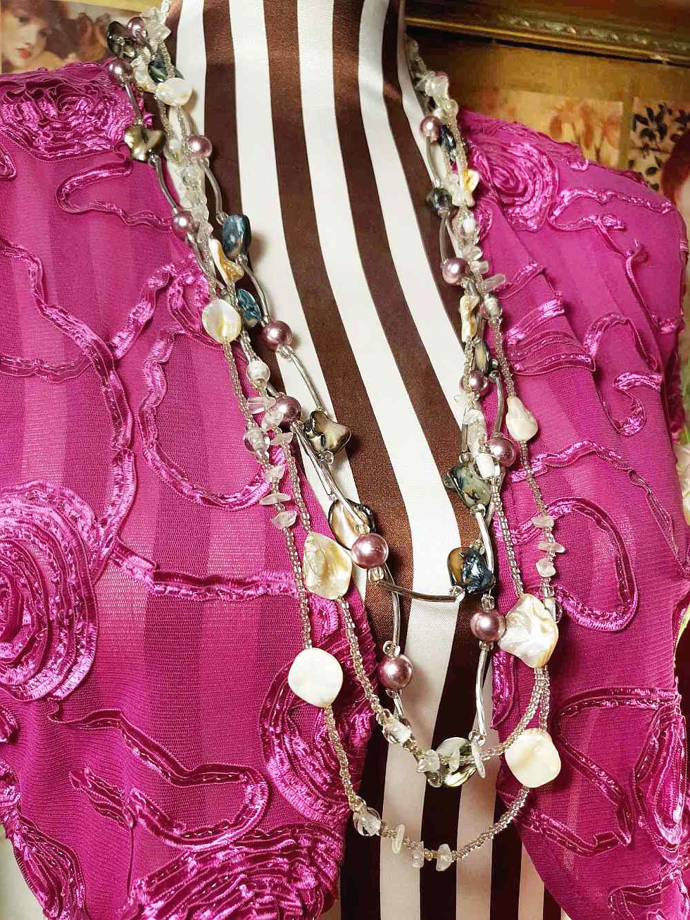 Vintage 90s Mother of Pearl Long Necklace Multi Tier Boho