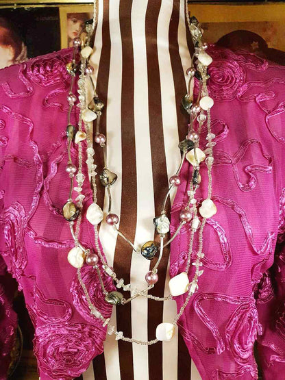Vintage 90s Mother of Pearl Long Necklace Multi Tier Boho