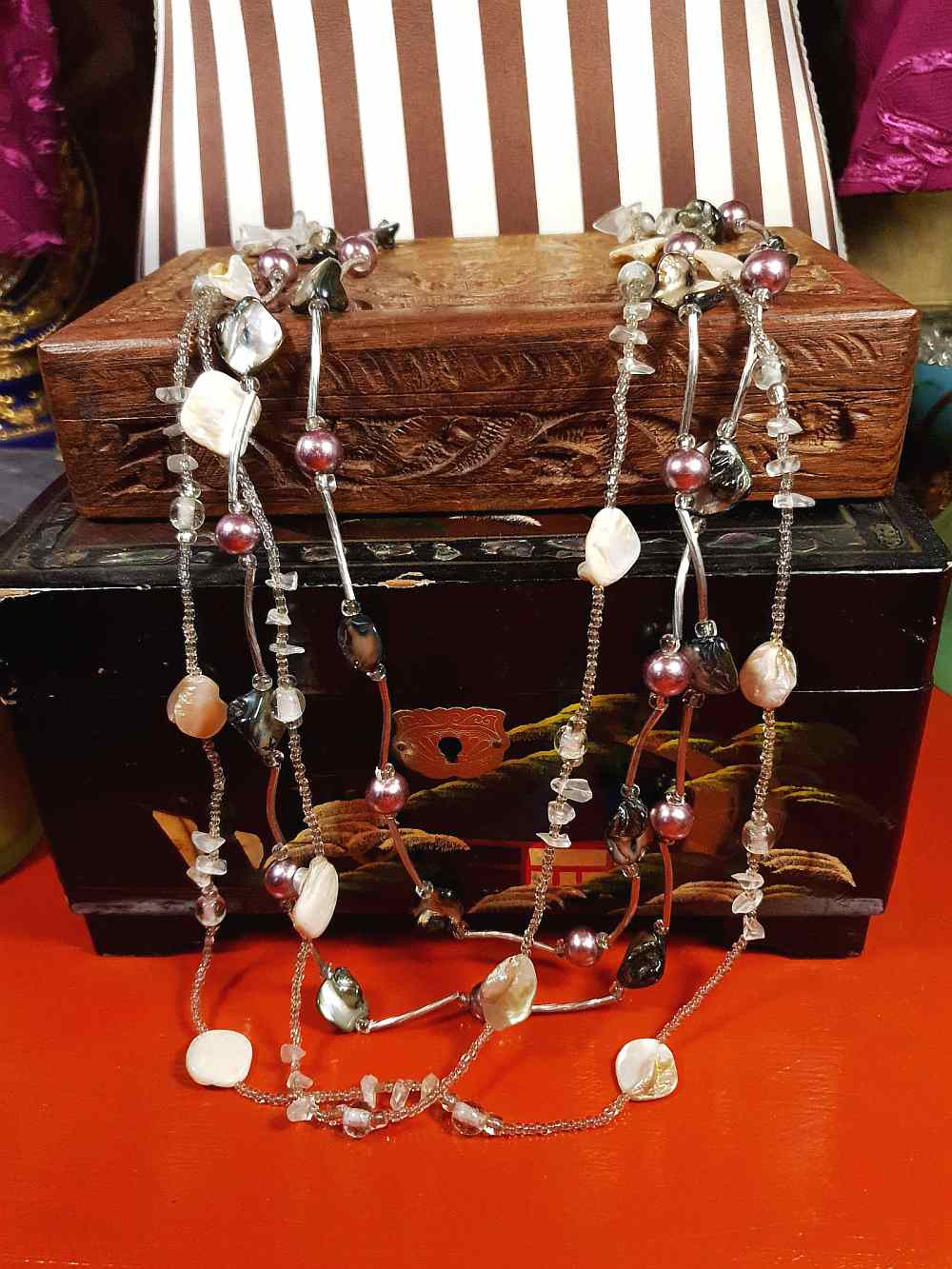 Vintage 90s Mother of Pearl Long Necklace Multi Tier Boho