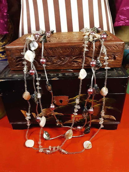 Vintage 90s Mother of Pearl Long Necklace Multi Tier Boho