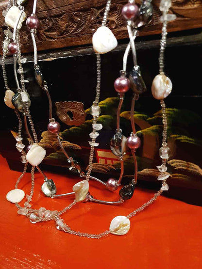 Vintage 90s Mother of Pearl Long Necklace Multi Tier Boho