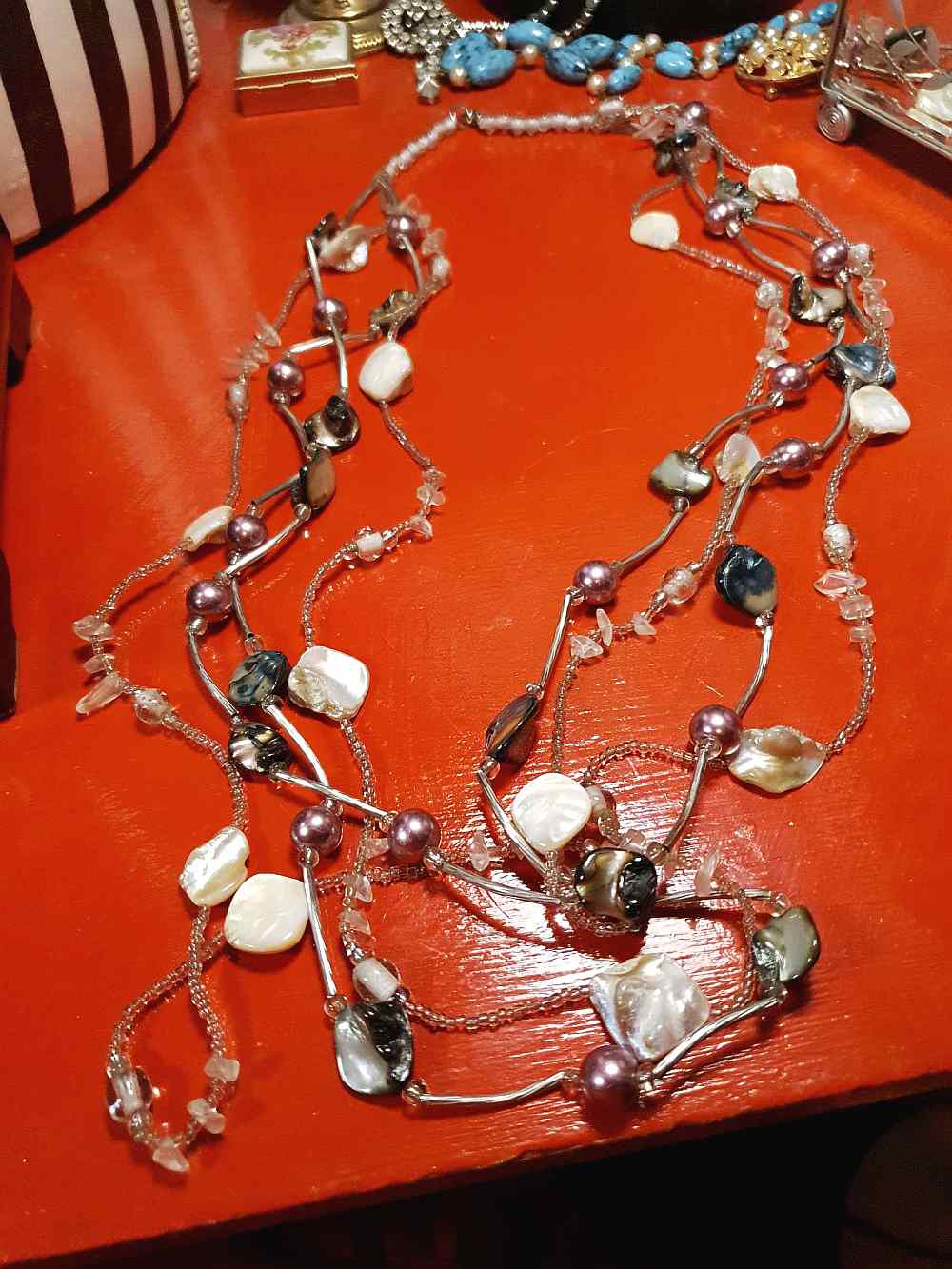 Vintage 90s Mother of Pearl Long Necklace Multi Tier Boho