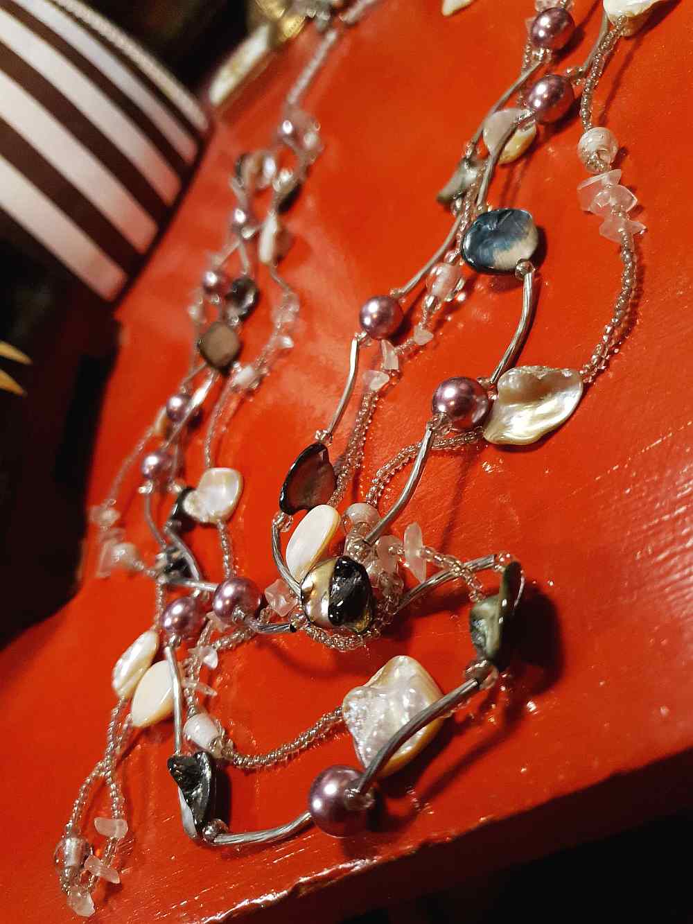 Vintage 90s Mother of Pearl Long Necklace Multi Tier Boho
